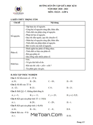 Hướng Dẫn Ôn Tập Giữa Kì 2 Toán 6 Năm 2020 - 2021 Trường Vinschool - Hà Nội