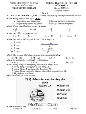 Đề Thi Cuối Kì 1 Toán 7 Năm 2023 - 2024 Trường THCS Mai Lâm - Hà Nội