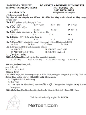 Đề Thi Giữa Kì 1 Toán 8 Năm 2023 - 2024 Trường THCS Quảng Thành - BR VT