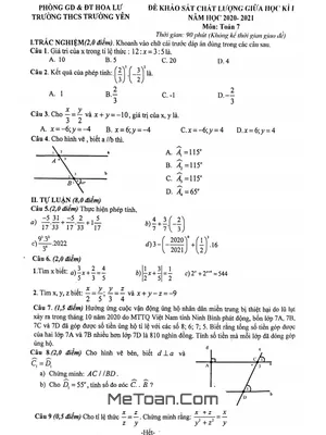 Đề thi giữa HK1 Toán 7 năm 2020 - 2021 trường THCS Trường Yên - Ninh Bình