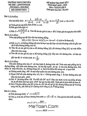 Đề thi học kì 1 Toán 9 năm 2020 - 2021 trường THPT chuyên Hà Nội - Amsterdam