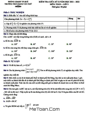 Đề thi giữa kỳ 2 Toán 9 năm 2021 - 2022 trường THCS Đặng Văn Ngữ - TT Huế