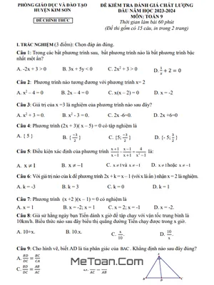 Đề kiểm tra Toán 9 đầu năm 2023 - 2024 phòng GD&ĐT Kim Sơn - Ninh Bình