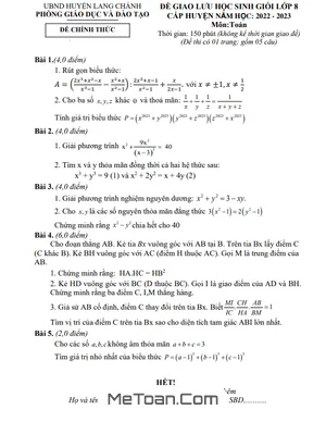 Đề giao lưu HSG Toán 8 năm 2022 - 2023 phòng GD&ĐT Lang Chánh - Thanh Hóa