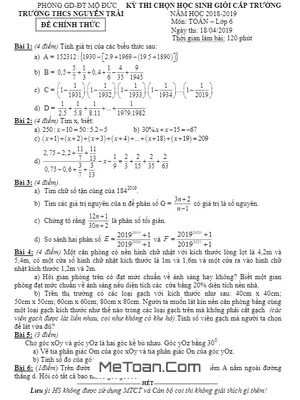 Đề thi HSG Toán 6 năm 2018 - 2019 trường THCS Nguyễn Trãi - Quảng Ngãi