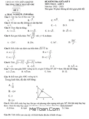 Đề Thi Giữa Kỳ 1 Toán 9 Năm 2022 - 2023 Trường THCS Nguyễn Du - Khánh Hòa