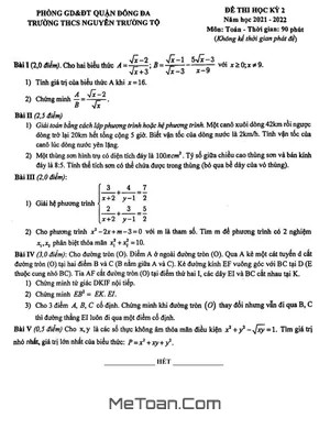 Đề thi HK2 Toán 9 năm 2021 - 2022 trường THCS Nguyễn Trường Tộ - Hà Nội