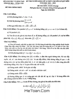 Đề Thi Vào 10 Chuyên Lê Quý Đôn - BRVT Năm 2021-2022 Môn Toán (Chung)