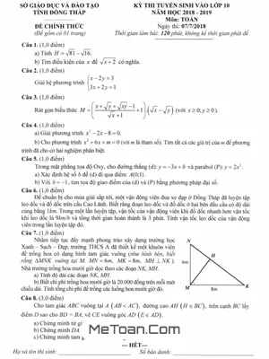 Đề thi tuyển sinh vào lớp 10 môn Toán năm 2018 - 2019 Sở GD&ĐT Đồng Tháp