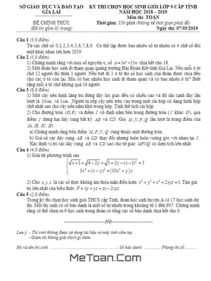 Đề thi học sinh giỏi Toán 9 cấp tỉnh Gia Lai năm 2018 - 2019