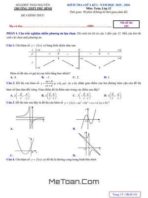 Đề thi giữa kì 1 Toán 12 năm 2025 - 2026 trường THPT Phú Bình, Thái Nguyên (kèm đáp án)