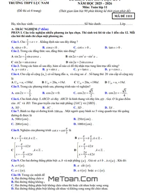 Đề thi giữa học kỳ 1 Toán 11 năm 2025 – 2026 trường THPT Lục Nam – Bắc Ninh (có đáp án)