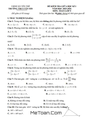 Đề Thi Giữa Học Kì 1 Môn Toán Lớp 9 Năm 2025 - 2026 Trường THCS Tân Sỏi, Bắc Ninh (Có Đáp Án Chi Tiết)