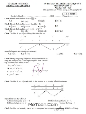 Đề thi học kỳ 1 Toán 12 năm 2020 - 2021 trường THPT Yên Định 3 - Thanh Hóa