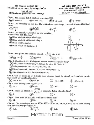Đề thi HK1 Toán 12 năm 2017-2018 trường THPT chuyên Lê Quý Đôn - Quảng Trị (Có đáp án)