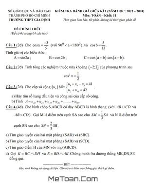 Đề Thi Giữa Kì 1 Toán 11 Năm 2023 - 2024 Trường THPT Gia Định - TP HCM