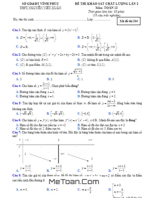 Đề KSCL Toán 12 lần 2 năm 2019 - 2020 trường Nguyễn Viết Xuân - Vĩnh Phúc