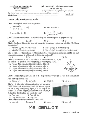 Đề thi học kì 1 Toán 11 năm 2019 – 2020 trường THPT Phú Quốc – Kiên Giang