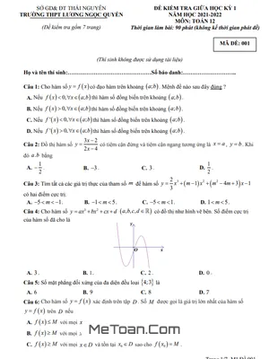 Đề thi giữa kì 1 Toán 12 năm 2021 - 2022 trường THPT Lương Ngọc Quyến - Thái Nguyên