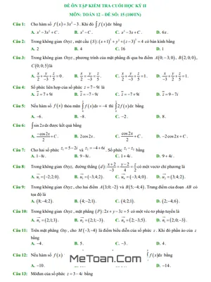 25 Đề Ôn Tập Kiểm Tra Cuối Học Kỳ 2 Môn Toán 12 (100% Trắc Nghiệm)