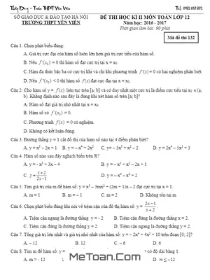 Đề thi HK2 Toán 12 năm 2016 - 2017 trường THPT Yên Viên - Hà Nội (Có đáp án)