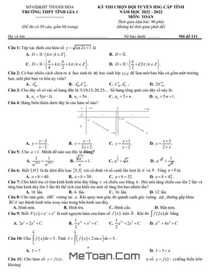 Đề Học Sinh Giỏi Toán 12 Năm 2022 - 2023 Trường THPT Tĩnh Gia 1 - Thanh Hóa