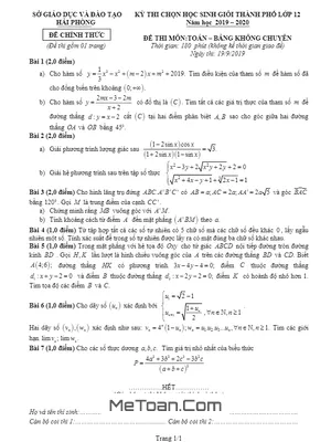 Đề chọn HSG thành phố Toán 12 năm 2019 - 2020 sở GD&ĐT Hải Phòng