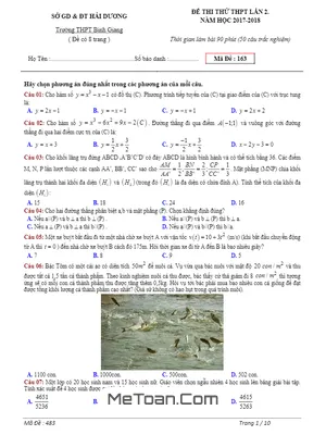 Đề thi thử Toán THPTQG 2018 trường THPT Bình Giang – Hải Dương lần 2 - Có đáp án