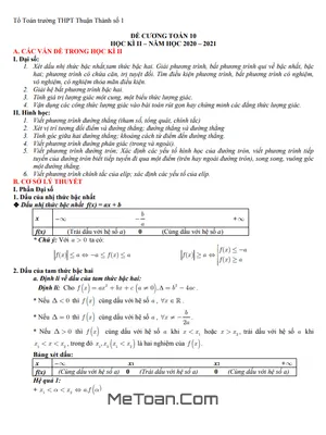 Đề Cương Ôn Tập Toán 10 Học Kì 2 Năm 2020 - 2021 Trường THPT Thuận Thành 1 - Bắc Ninh