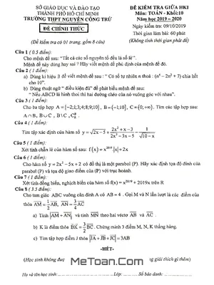 Đề kiểm tra giữa HK1 Toán 10 năm 2019 - 2020 trường Nguyễn Công Trứ - TP HCM