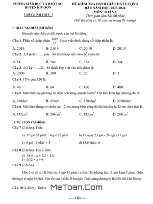 Đề kiểm tra Toán lớp 6 đầu năm 2023 - 2024 phòng GD&ĐT Kim Sơn - Ninh Bình