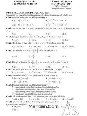 Đề thi học kì 1 môn Toán lớp 8 năm 2023 - 2024 trường THCS Nghĩa Tân - Hà Nội