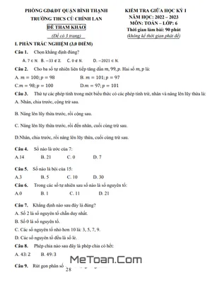 Đề Tham Khảo Giữa Kỳ 1 Toán 6 Năm 2022 - 2023 Trường THCS Cù Chính Lan - TP HCM