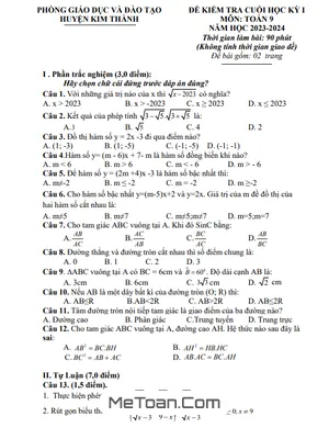Đề thi học kỳ 1 Toán 9 năm 2023 - 2024 phòng GD&ĐT Kim Thành - Hải Dương