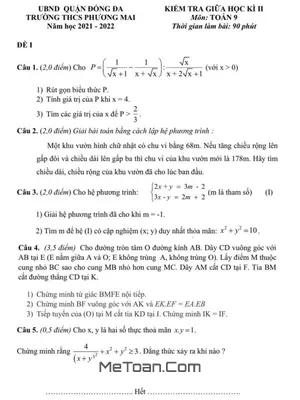 Đề thi giữa kì 2 Toán 9 năm 2021 - 2022 trường THCS Phương Mai - Hà Nội