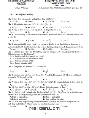 Đề kiểm tra cuối kỳ 2 Toán lớp 7 năm 2023 - 2024 sở GD&ĐT Bắc Ninh
