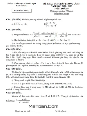 Đề khảo sát Toán 9 lần 5 năm 2022 - 2023 phòng GD&ĐT Cẩm Giàng - Hải Dương