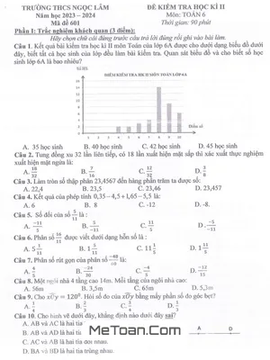 Đề thi học kì 2 Toán 6 năm 2023 - 2024 trường THCS Ngọc Lâm - Hà Nội