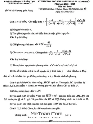 Đề thi học sinh giỏi Toán THCS cấp thành phố Thanh Hóa năm 2022 - 2023