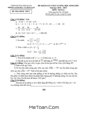 Đề thi học sinh giỏi huyện Toán 6 năm 2014 - 2015 phòng GD&ĐT Nho Quan - Ninh Bình