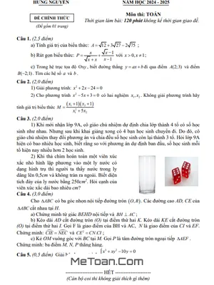 Đề thi thử Toán vào lớp 10 năm 2024 - 2025 phòng GD&ĐT Hưng Nguyên - Nghệ An