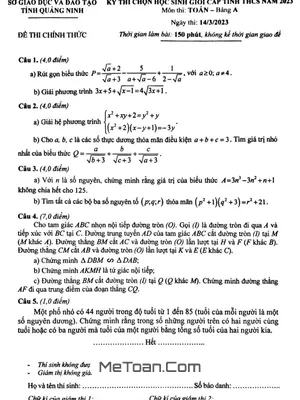 Đề thi học sinh giỏi cấp tỉnh môn Toán THCS năm 2022 - 2023 sở GD&ĐT Quảng Ninh
