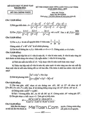 Đề thi chọn HSG Toán 9 THCS tỉnh Khánh Hòa năm 2024 - 2025