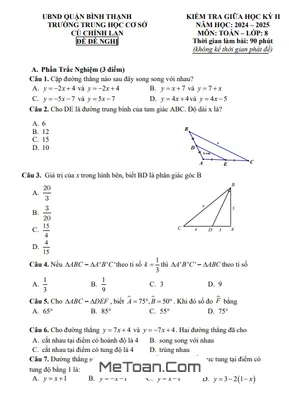 Đề Tham Khảo Giữa Kì 2 Toán 8 Năm 2024 - 2025 Phòng GD&ĐT Bình Thạnh - TP HCM