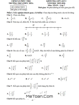 Đề Thi Giữa Học Kỳ 1 Toán 7 Năm 2025 – 2026 Trường THCS Phúc Hòa - Hà Nội Có Đáp Án