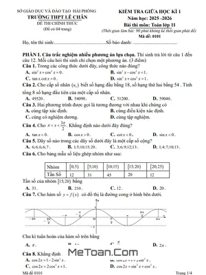 Đề thi Giữa Học Kì 1 Toán 11 năm 2025 – 2026 trường THPT Lê Chân – Hải Phòng (Có Đáp Án)