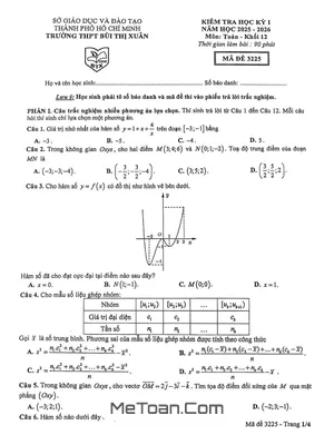 Đề thi học kỳ 1 Toán 12 năm học 2025 - 2026 trường THPT Bùi Thị Xuân - TP.HCM