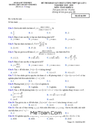 Đề khảo sát THPTQG lần 1 Toán 11 năm 2019 - 2020 trường chuyên Vĩnh Phúc