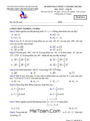 Đề Cuối Kì 1 Toán 10 Năm 2022 - 2023 Trường Chuyên Lê Quý Đôn - Quảng Trị