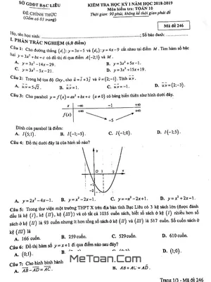 Đề thi học kỳ 1 Toán 10 năm học 2018 - 2019 Sở GD&ĐT Bạc Liêu